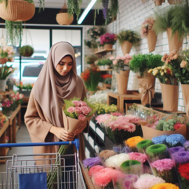 女性が花屋で花を買っている