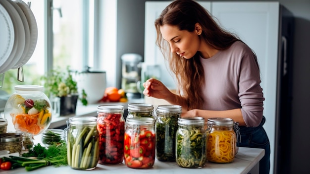 A woman is canning vegetables in the kitchen Generative AI Food