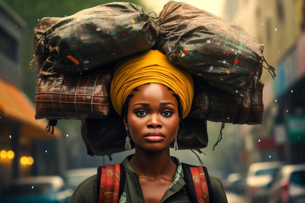 Foto una donna sta portando cose sulla testa sotto la pioggia nello stile della classe operaia d'influenza africana
