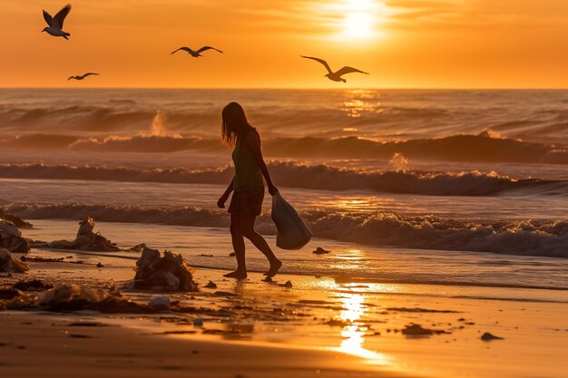 A woman is cleaning the sea