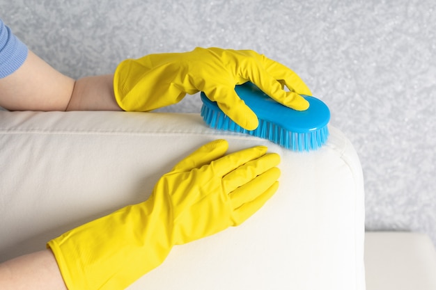 Woman is cleaning stain on sofa with brush