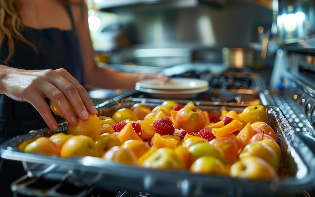 Woman is cooking fruit salad in the kitchen