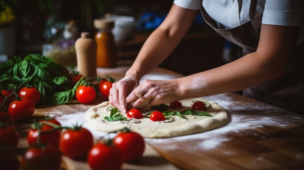 Woman is cooking italian pizza