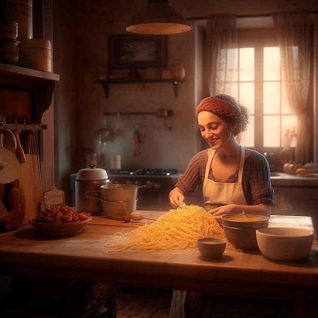 A woman is cooking in a kitchen with a bowl of noodles on the table.