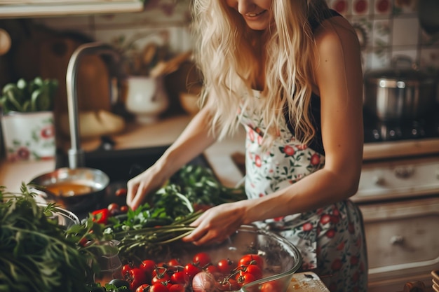 A woman is cooking in a kitchen with a smile on her face