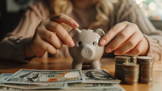 Photo a woman is counting her money and putting it into a piggy bank