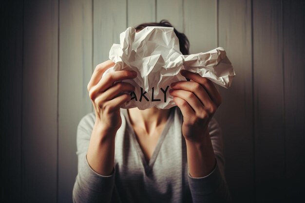 a woman is covering her face with a paper with the word la on it.