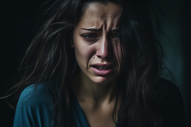 Foto una donna sta piangendo in una stanza buia