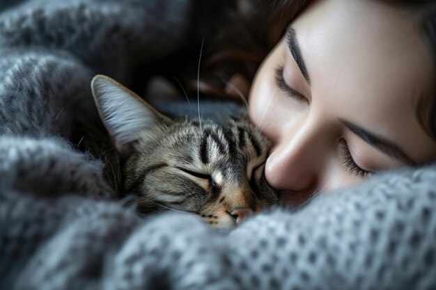 Foto una donna sta coccolando un gatto con un gatto sulla sua spalla