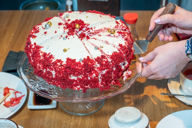 A woman is cutting a cake with a knife.