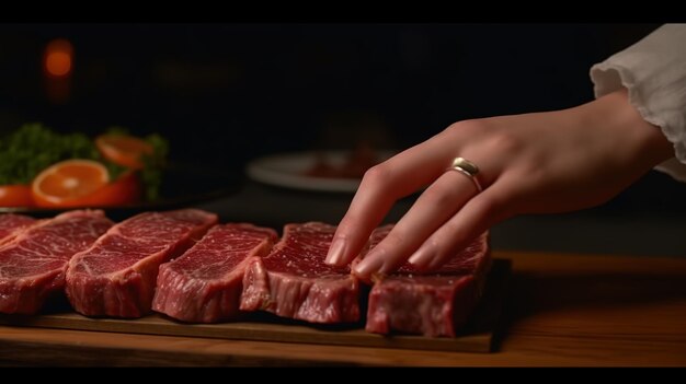 A woman is cutting meat on a cutting board with a hand on the left hand.