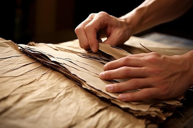 A woman is cutting a piece of brown paper with a tree branch on it.