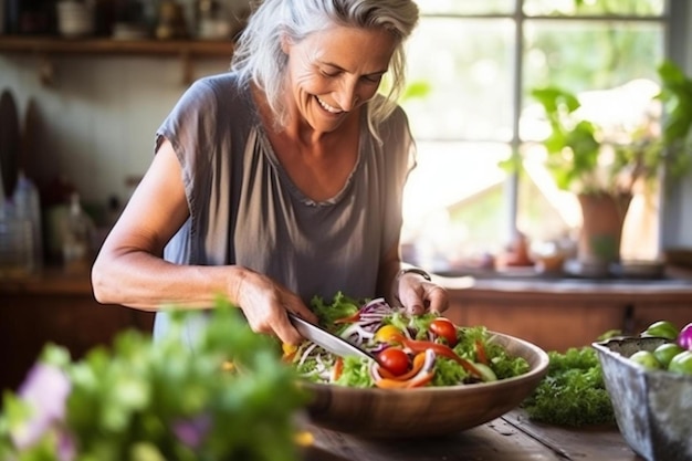 a woman is cutting a salad in a bowl