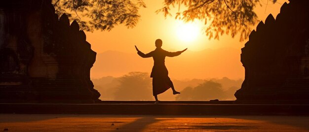 Foto una donna sta ballando davanti a un tramonto