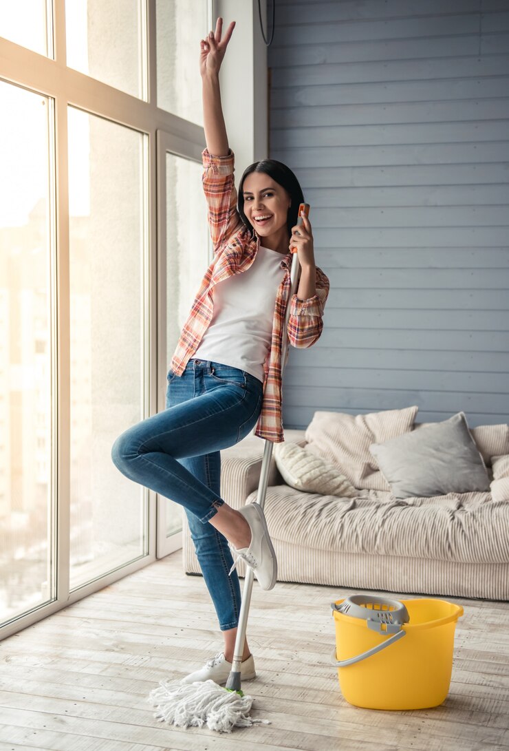 Photo woman is dancing and smiling while cleaning floor at home.