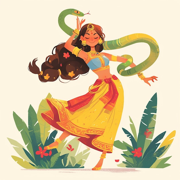 女性が蛇と踊っている蛇は緑色で彼女の腰に巻かれている女性は黄色いスカートと青いトップを着ている