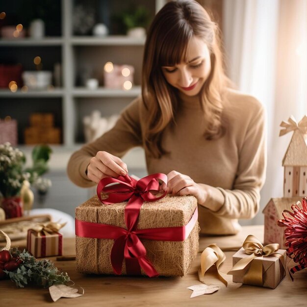 a woman is decorating a christmas gift with a red ribbon