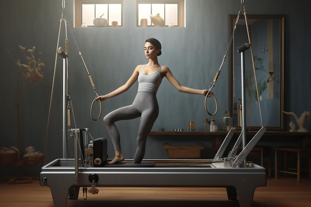 a woman is doing exercises on a treadmill.