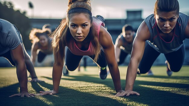 a woman is doing push ups on a grass field