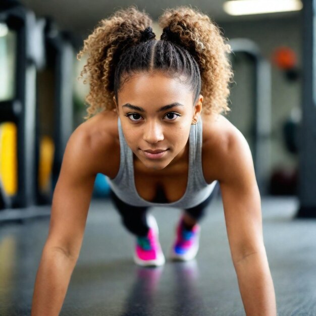 a woman is doing push ups in a gym with a pink bow