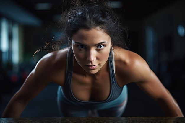 A woman is doing push ups in a gym