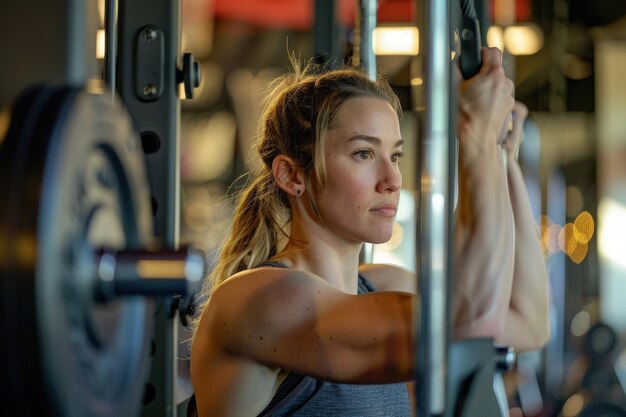 A woman is doing squats on a bar in a gym