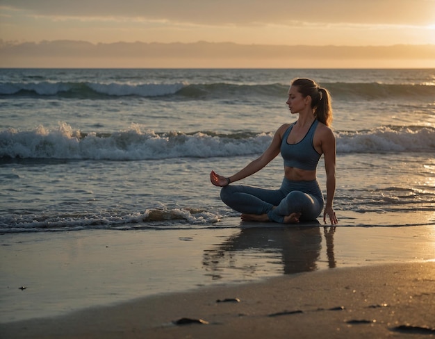 Photo a woman is doing yoga on the beach with the ocean in the background