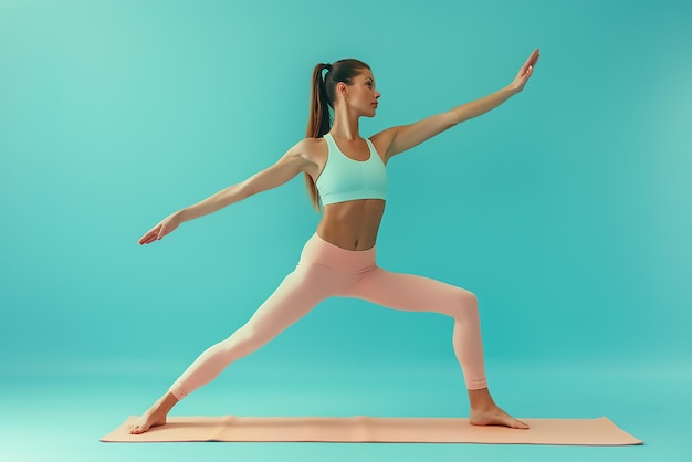 Photo a woman is doing yoga on a mat with a blue background