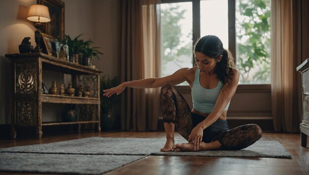 Photo a woman is doing yoga on a rug in a living room