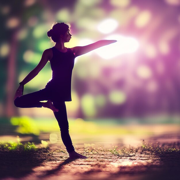 A woman is doing yoga in the sun with her arms outstretched.