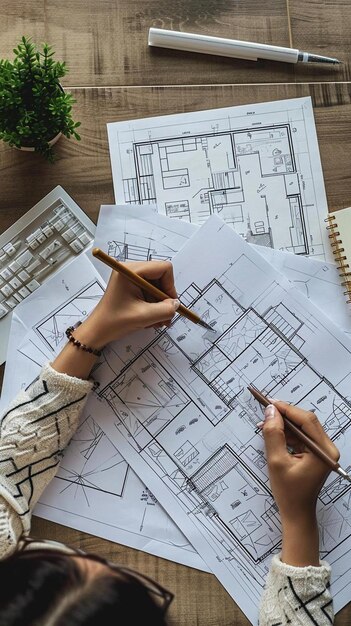 a woman is drawing a house on a desk