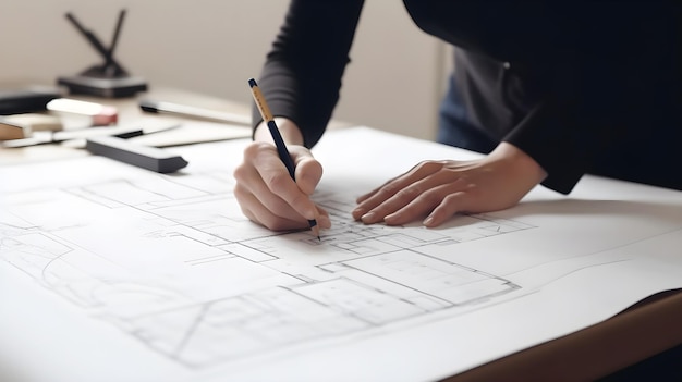 A woman is drawing a house on a table