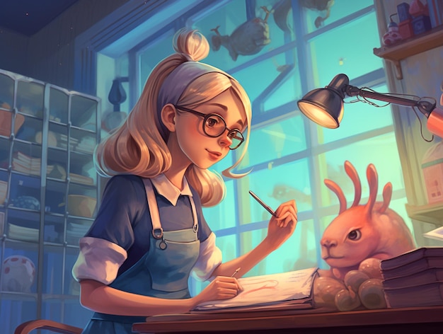A woman is drawing a rabbit in a room with a lamp and a lamp.