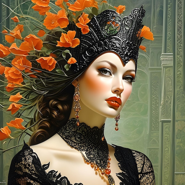 The woman is dressed in a stunning gown of gold orange red and black lace with accents of dark g