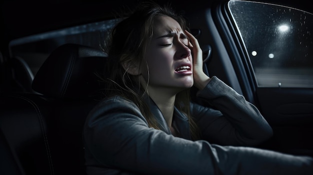 女性が夜に一人で運転しています雨が降っています彼女はストレスを感じています