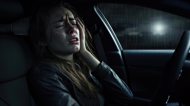 A woman is driving alone in the night It's raining She is stressed