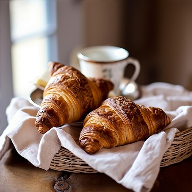 A woman is eating a croissant and a cup of coffee