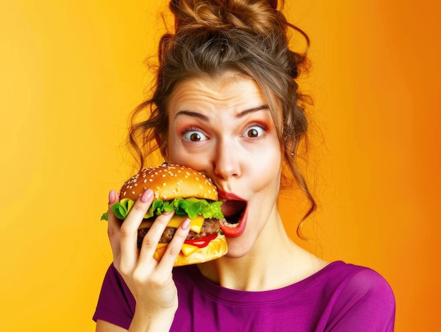 Photo a woman is eating a hamburger with a surprised expression on her face