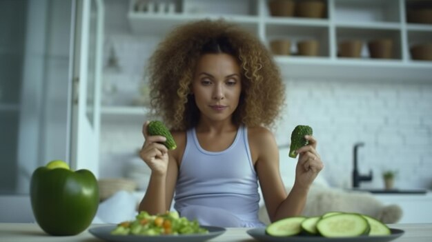 Foto una donna sta mangiando un pasto sano e tiene in mano un piatto di verdure.