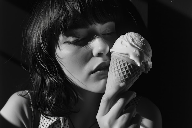 Женщина ест мороженое.