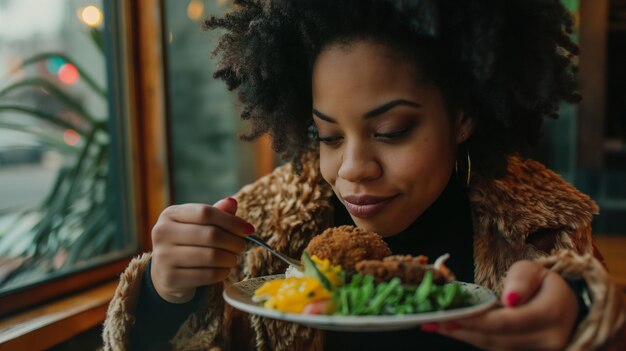 a woman is eating a meal with a fork and a plate of food