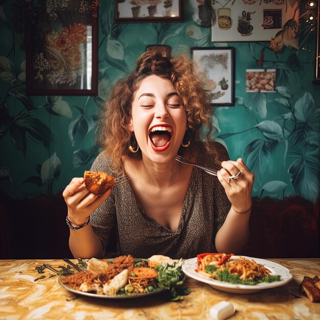 Foto una donna sta mangiando un pasto con la bocca aperta