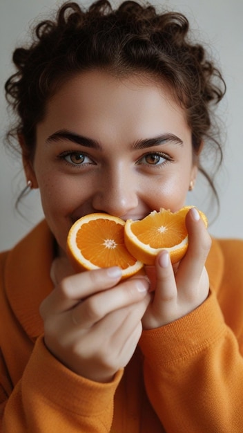 a woman is eating an orange that has the word on it