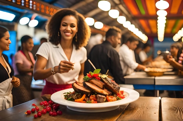 Photo a woman is eating a plate of food with a sign that says 