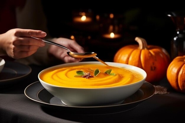 Photo a woman is eating a pumpkin soup with a knife and spoon