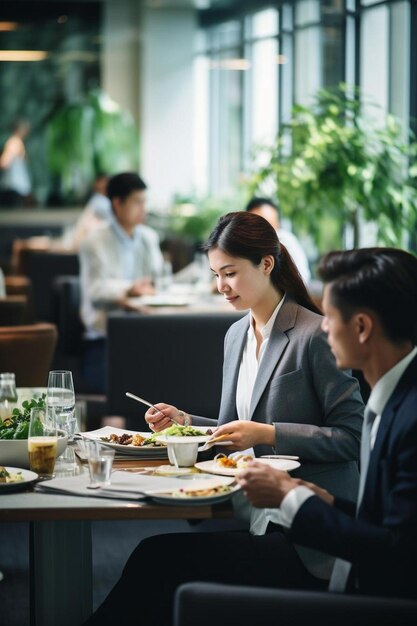 a woman is eating at a restaurant with a man and woman