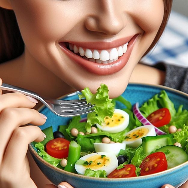 a woman is eating a salad with a fork and a salad with a smile on her face