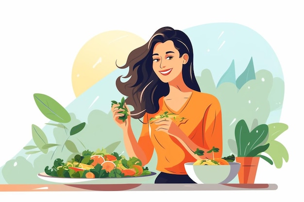 a woman is eating a salad with a smile on her face