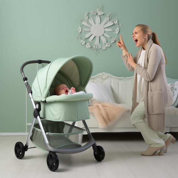 Photo a woman is feeding a baby in a stroller with a clock behind her