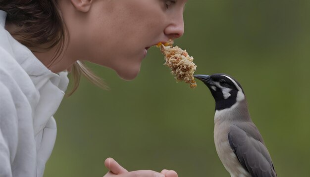 Photo a woman is feeding a bird with a bird on her hand